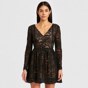 Xhilaration Black Lace Dress Women's S Long Sleeve Sheer Party Whimsigoth fairy